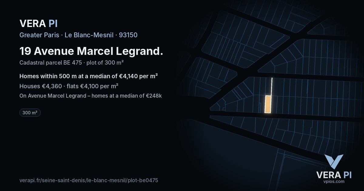 19 Avenue Marcel Legrand, Le Blanc-Mesnil at night – the plot lit, the parcels around coloured by the prices near them