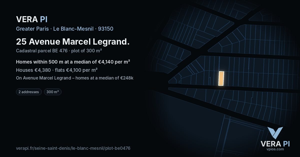 25 Avenue Marcel Legrand, Le Blanc-Mesnil at night – the plot lit, the parcels around coloured by the prices near them