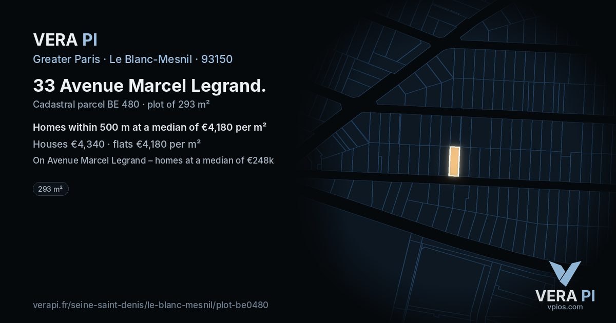 33 Avenue Marcel Legrand, Le Blanc-Mesnil at night – the plot lit, the parcels around coloured by the prices near them