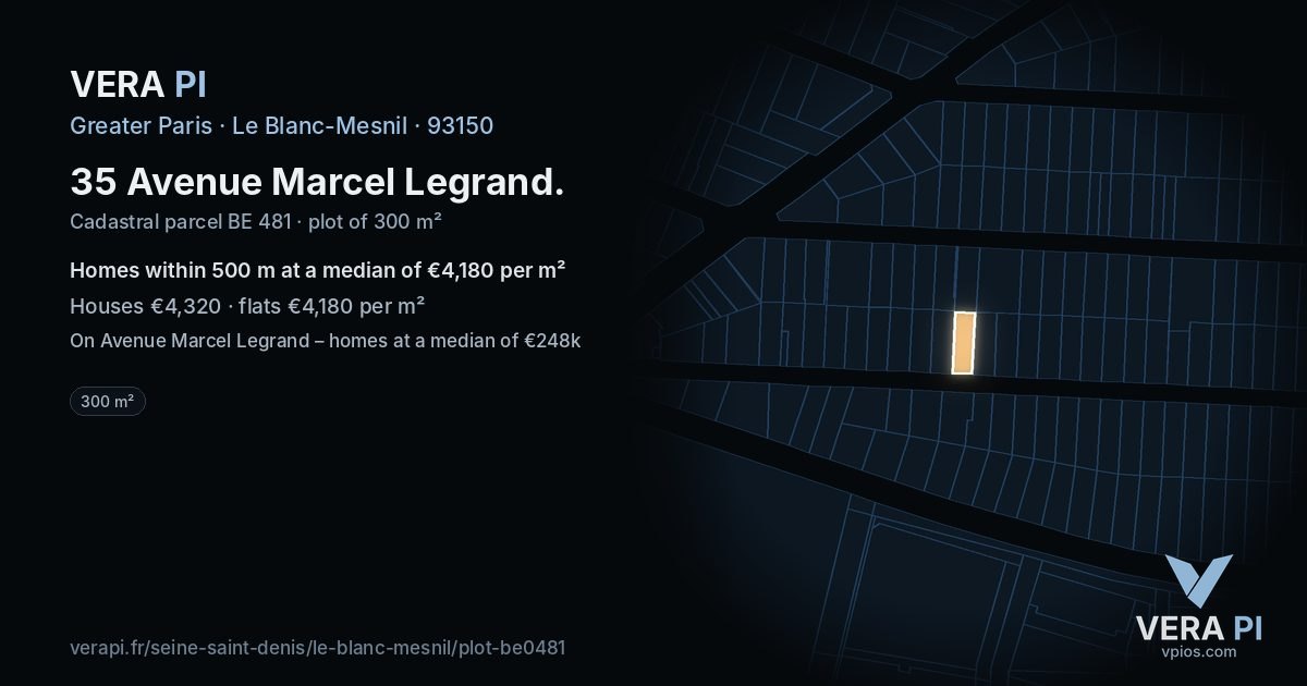 35 Avenue Marcel Legrand, Le Blanc-Mesnil at night – the plot lit, the parcels around coloured by the prices near them