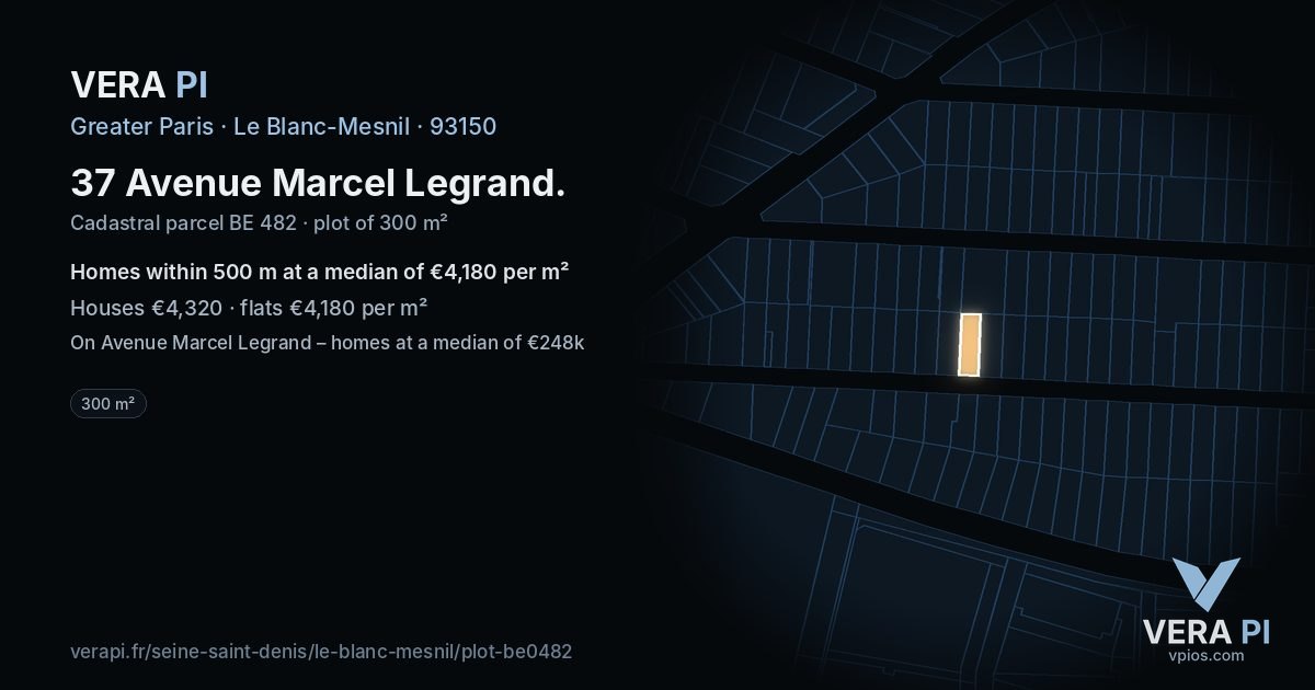 37 Avenue Marcel Legrand, Le Blanc-Mesnil at night – the plot lit, the parcels around coloured by the prices near them