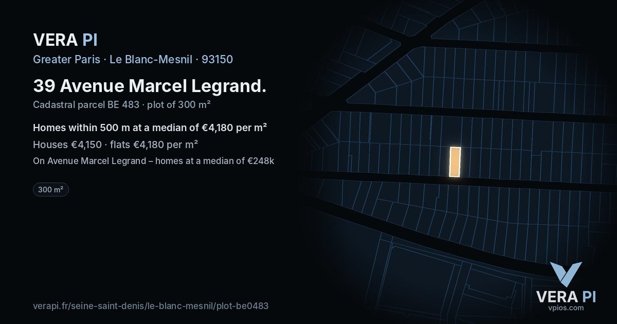 39 Avenue Marcel Legrand, Le Blanc-Mesnil at night – the plot lit, the parcels around coloured by the prices near them