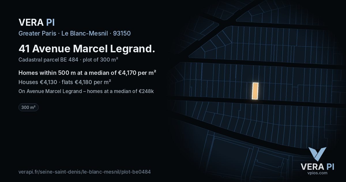 41 Avenue Marcel Legrand, Le Blanc-Mesnil at night – the plot lit, the parcels around coloured by the prices near them