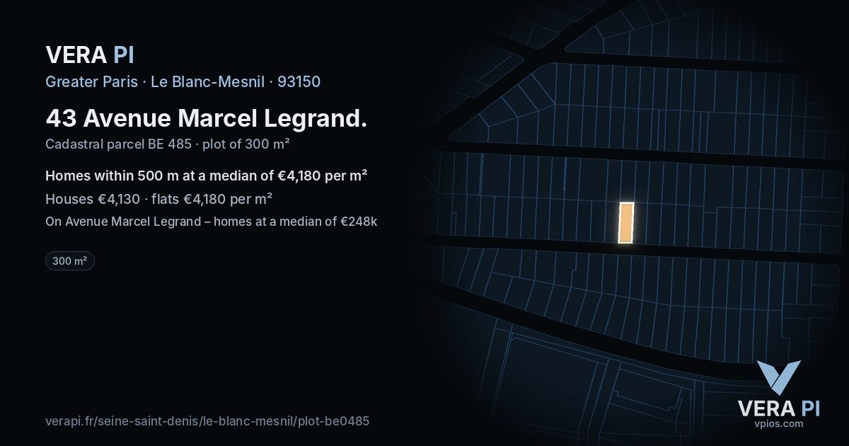 43 Avenue Marcel Legrand, Le Blanc-Mesnil at night – the plot lit, the parcels around coloured by the prices near them