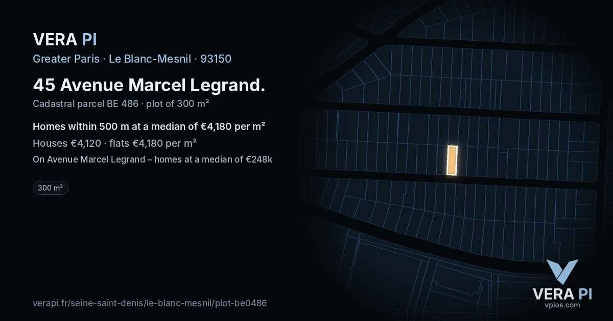 45 Avenue Marcel Legrand, Le Blanc-Mesnil at night – the plot lit, the parcels around coloured by the prices near them