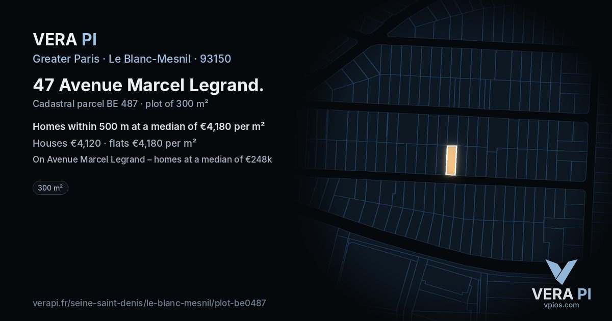 47 Avenue Marcel Legrand, Le Blanc-Mesnil at night – the plot lit, the parcels around coloured by the prices near them