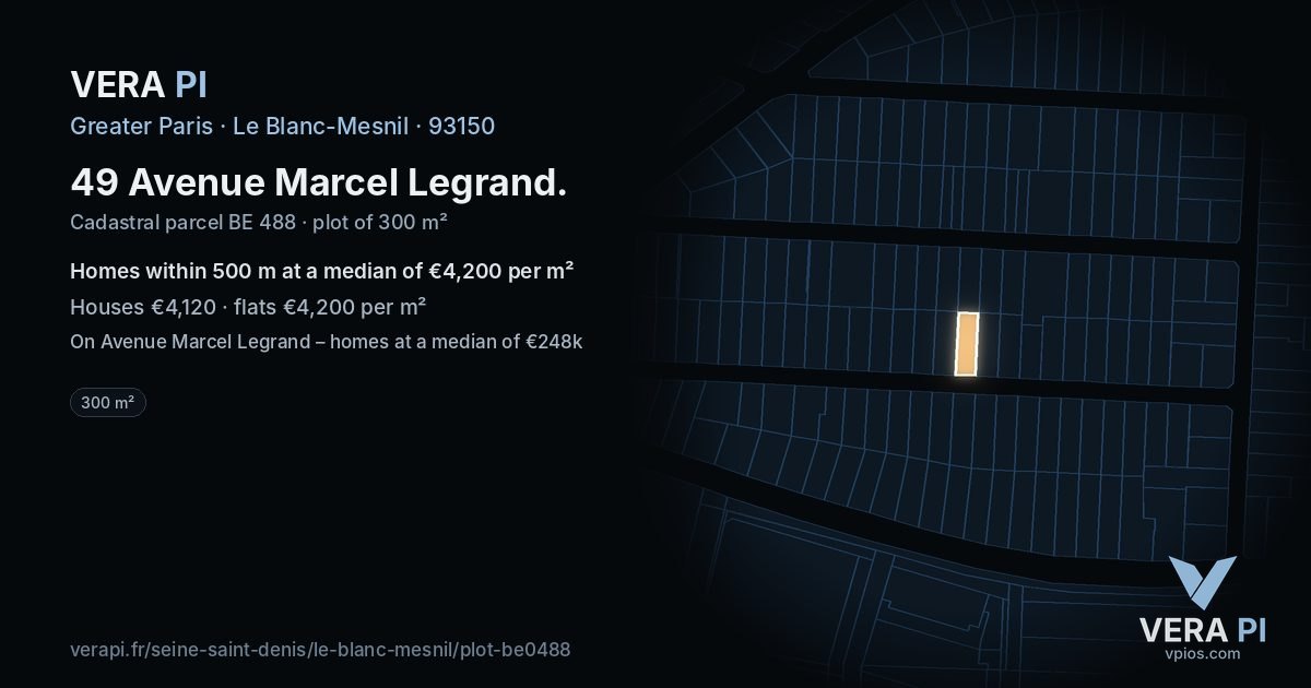 49 Avenue Marcel Legrand, Le Blanc-Mesnil at night – the plot lit, the parcels around coloured by the prices near them