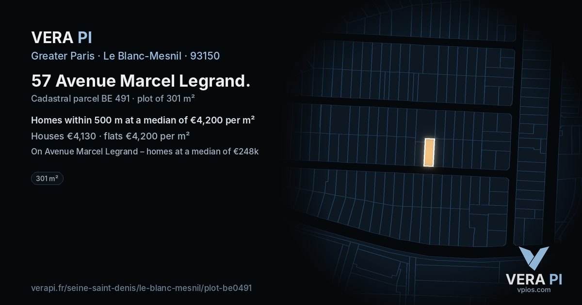 57 Avenue Marcel Legrand, Le Blanc-Mesnil at night – the plot lit, the parcels around coloured by the prices near them