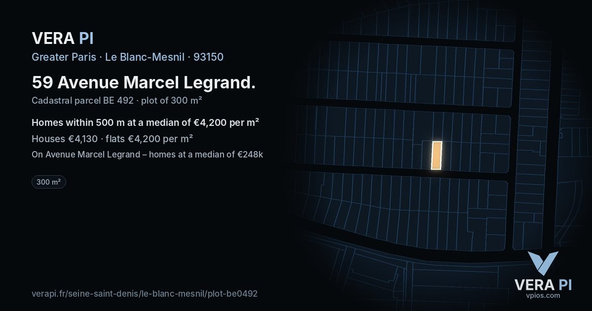 59 Avenue Marcel Legrand, Le Blanc-Mesnil at night – the plot lit, the parcels around coloured by the prices near them