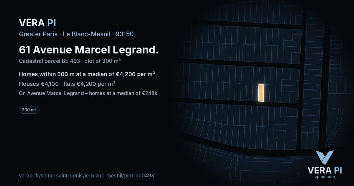61 Avenue Marcel Legrand, Le Blanc-Mesnil at night – the plot lit, the parcels around coloured by the prices near them