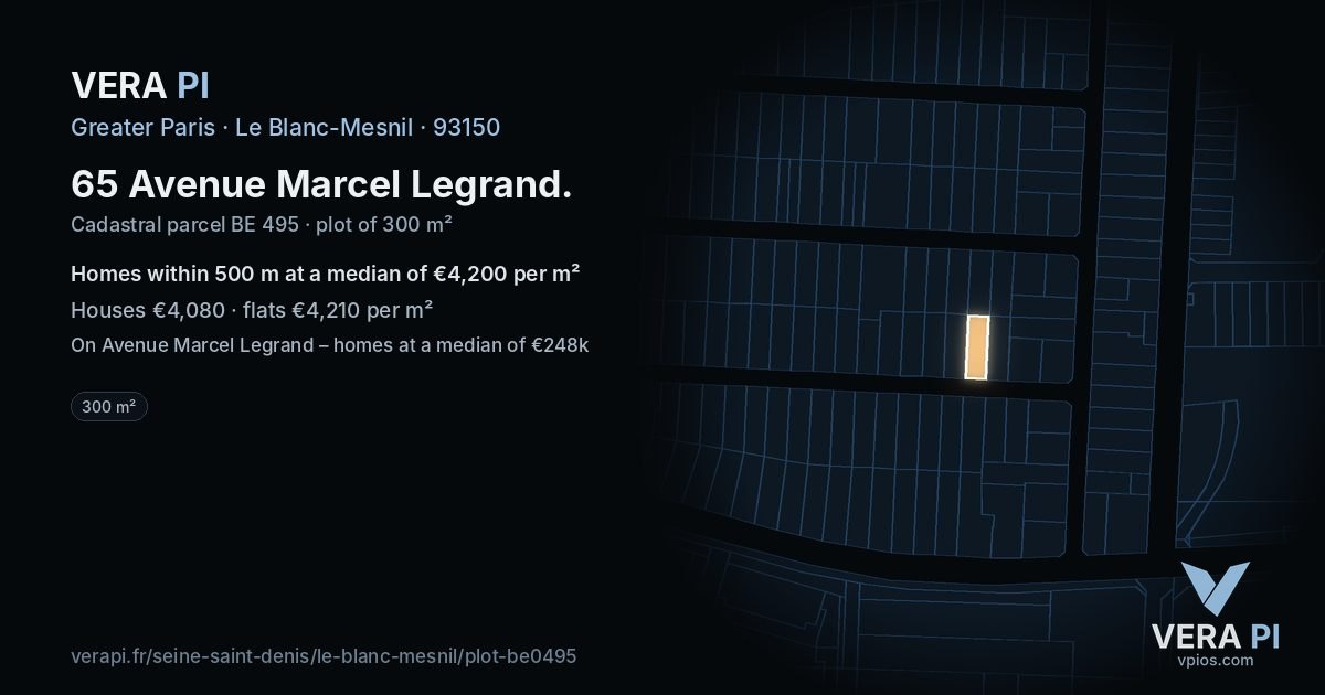 65 Avenue Marcel Legrand, Le Blanc-Mesnil at night – the plot lit, the parcels around coloured by the prices near them
