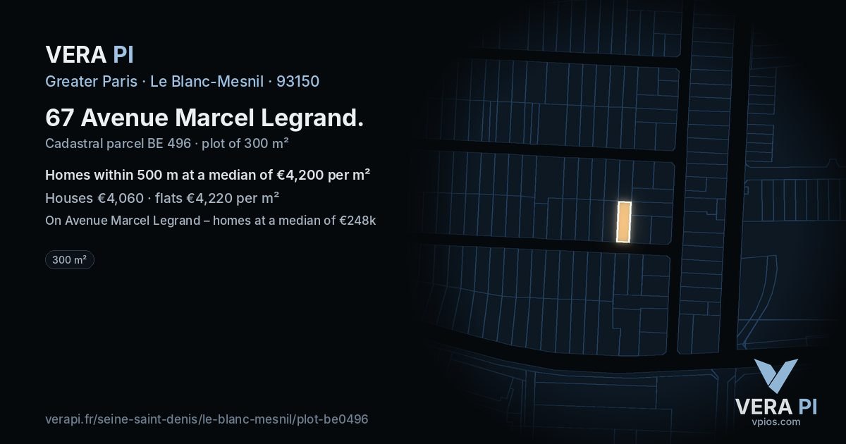 67 Avenue Marcel Legrand, Le Blanc-Mesnil at night – the plot lit, the parcels around coloured by the prices near them