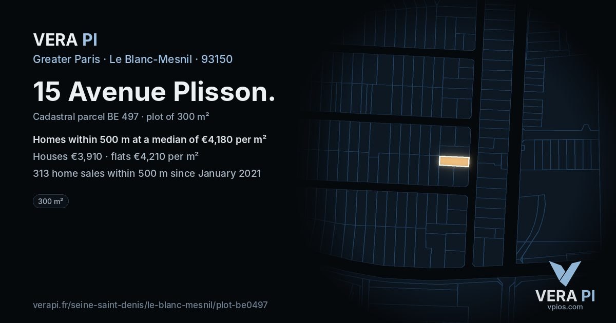 15 Avenue Plisson, Le Blanc-Mesnil at night – the plot lit, the parcels around coloured by the prices near them