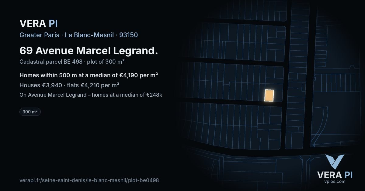 69 Avenue Marcel Legrand, Le Blanc-Mesnil at night – the plot lit, the parcels around coloured by the prices near them