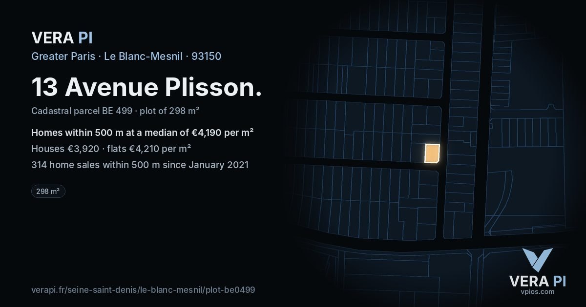 13 Avenue Plisson, Le Blanc-Mesnil at night – the plot lit, the parcels around coloured by the prices near them