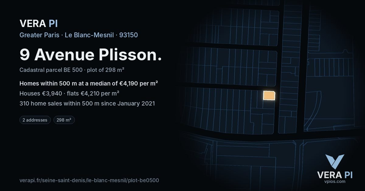 9 Avenue Plisson, Le Blanc-Mesnil at night – the plot lit, the parcels around coloured by the prices near them