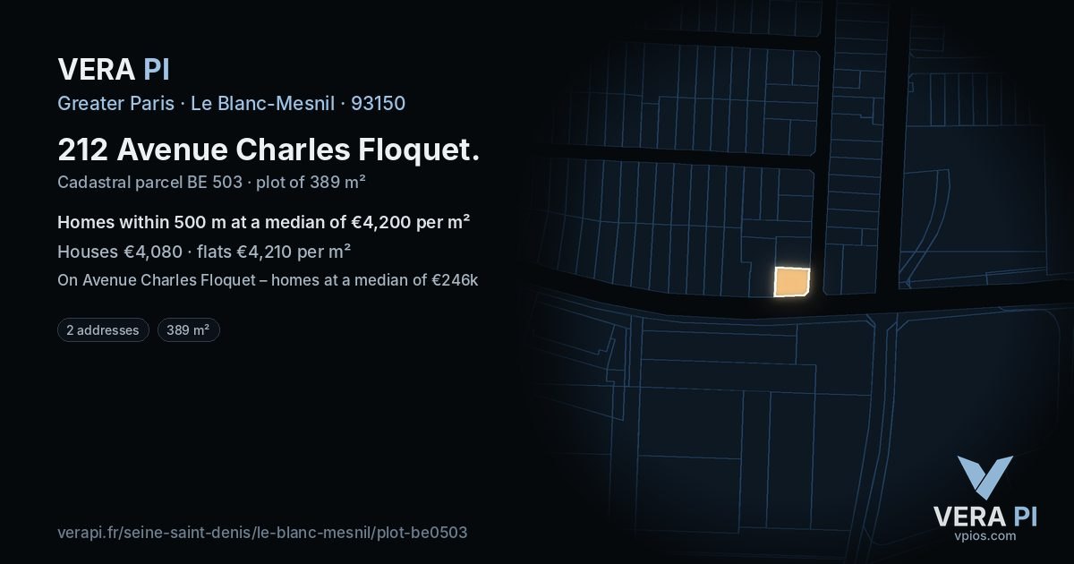 212 Avenue Charles Floquet, Le Blanc-Mesnil at night – the plot lit, the parcels around coloured by the prices near them