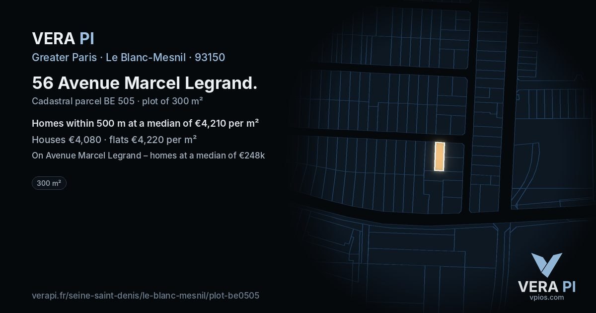 56 Avenue Marcel Legrand, Le Blanc-Mesnil at night – the plot lit, the parcels around coloured by the prices near them