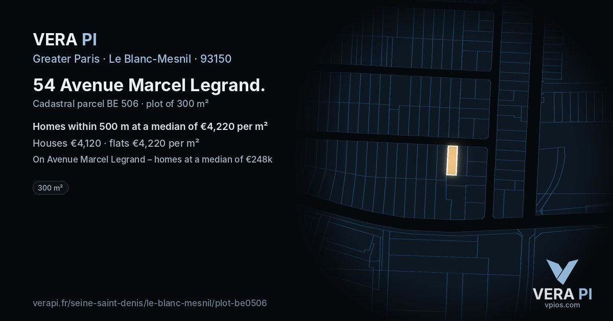 54 Avenue Marcel Legrand, Le Blanc-Mesnil at night – the plot lit, the parcels around coloured by the prices near them
