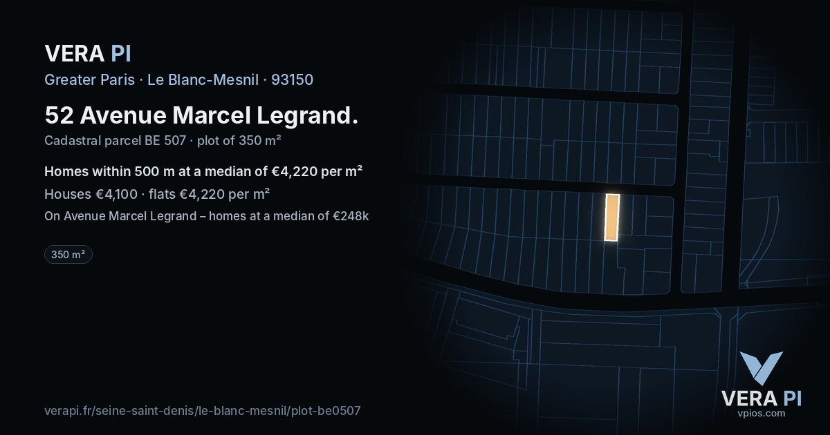 52 Avenue Marcel Legrand, Le Blanc-Mesnil at night – the plot lit, the parcels around coloured by the prices near them