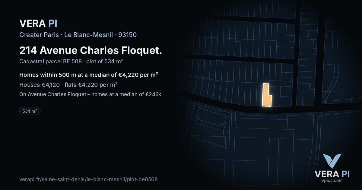 214 Avenue Charles Floquet, Le Blanc-Mesnil at night – the plot lit, the parcels around coloured by the prices near them