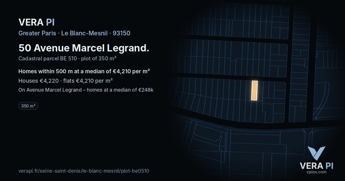 50 Avenue Marcel Legrand, Le Blanc-Mesnil at night – the plot lit, the parcels around coloured by the prices near them