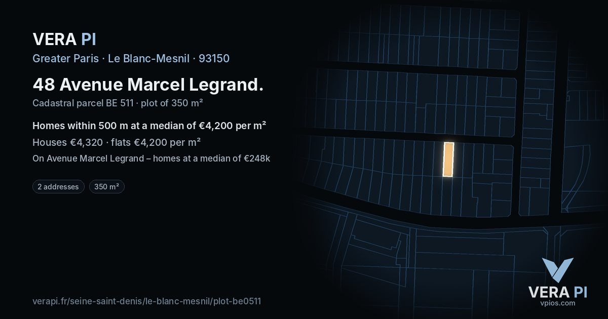 48 Avenue Marcel Legrand, Le Blanc-Mesnil at night – the plot lit, the parcels around coloured by the prices near them