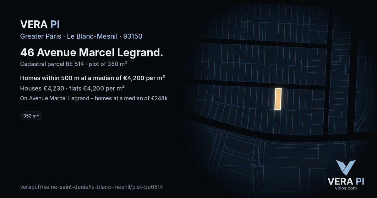 46 Avenue Marcel Legrand, Le Blanc-Mesnil at night – the plot lit, the parcels around coloured by the prices near them