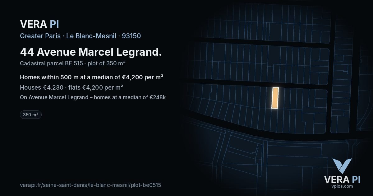 44 Avenue Marcel Legrand, Le Blanc-Mesnil at night – the plot lit, the parcels around coloured by the prices near them