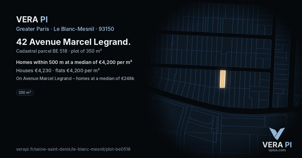42 Avenue Marcel Legrand, Le Blanc-Mesnil at night – the plot lit, the parcels around coloured by the prices near them
