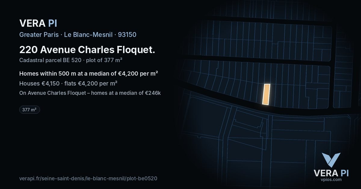 220 Avenue Charles Floquet, Le Blanc-Mesnil at night – the plot lit, the parcels around coloured by the prices near them