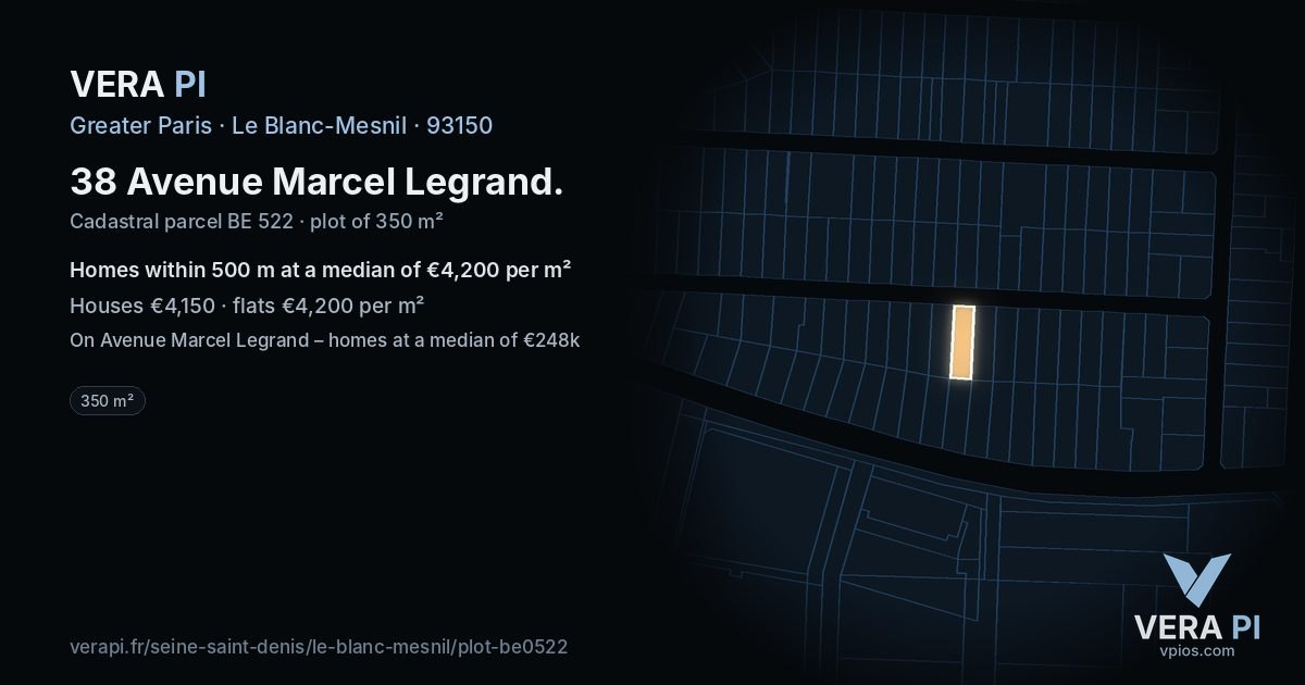 38 Avenue Marcel Legrand, Le Blanc-Mesnil at night – the plot lit, the parcels around coloured by the prices near them