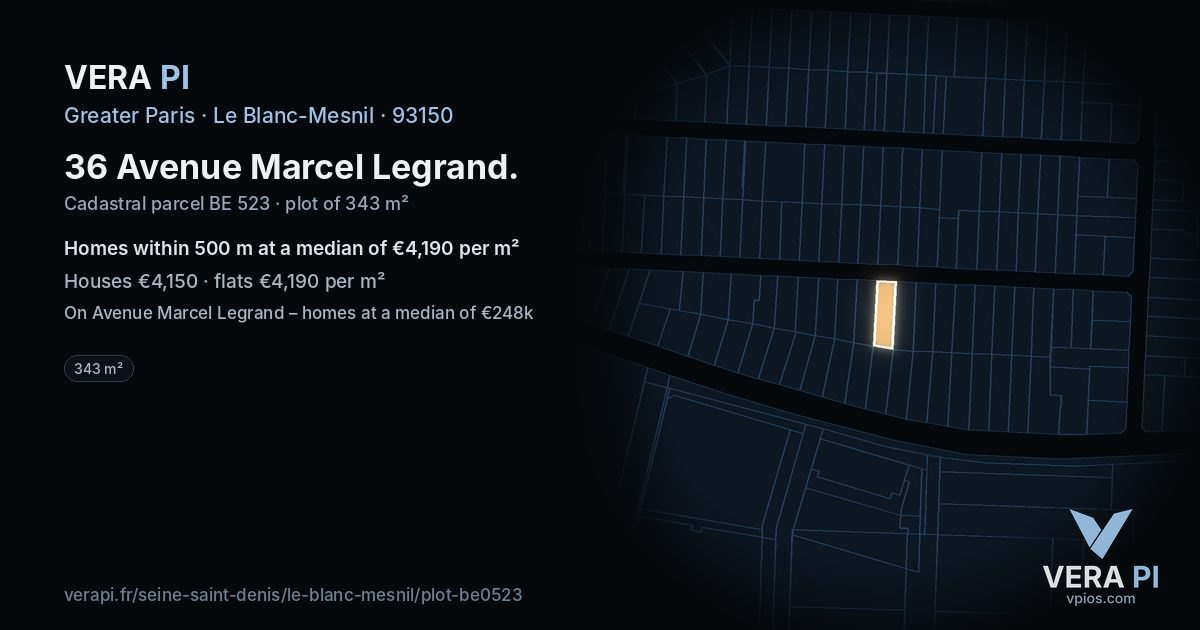 36 Avenue Marcel Legrand, Le Blanc-Mesnil at night – the plot lit, the parcels around coloured by the prices near them