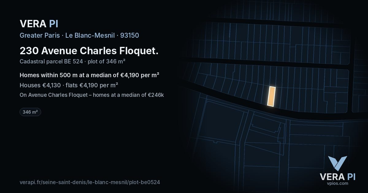 230 Avenue Charles Floquet, Le Blanc-Mesnil at night – the plot lit, the parcels around coloured by the prices near them