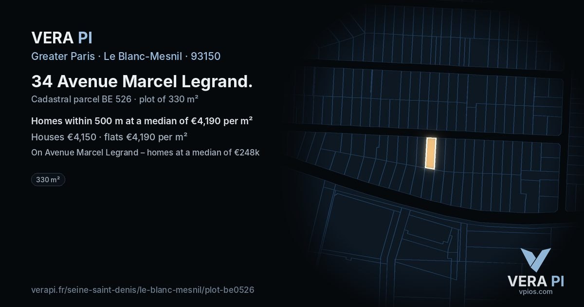 34 Avenue Marcel Legrand, Le Blanc-Mesnil at night – the plot lit, the parcels around coloured by the prices near them