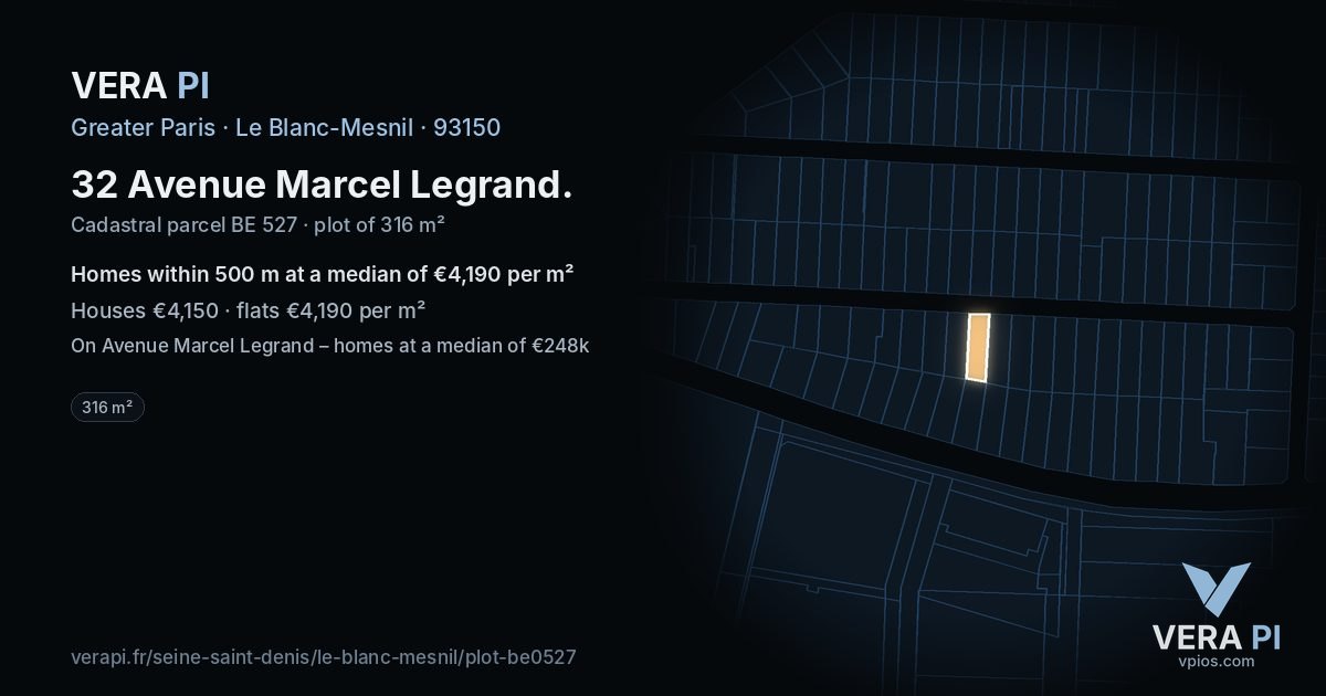 32 Avenue Marcel Legrand, Le Blanc-Mesnil at night – the plot lit, the parcels around coloured by the prices near them