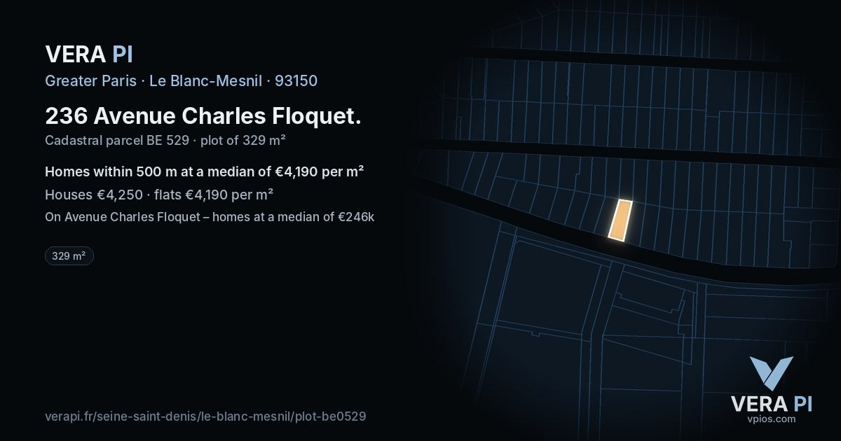 236 Avenue Charles Floquet, Le Blanc-Mesnil at night – the plot lit, the parcels around coloured by the prices near them