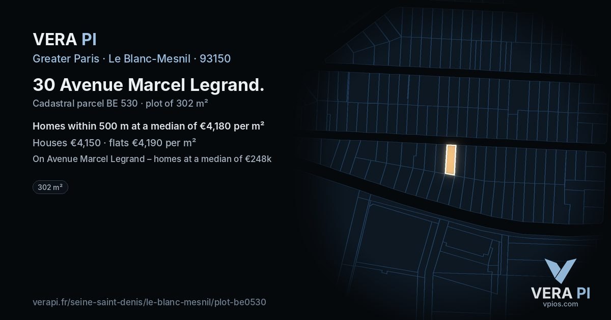 30 Avenue Marcel Legrand, Le Blanc-Mesnil at night – the plot lit, the parcels around coloured by the prices near them