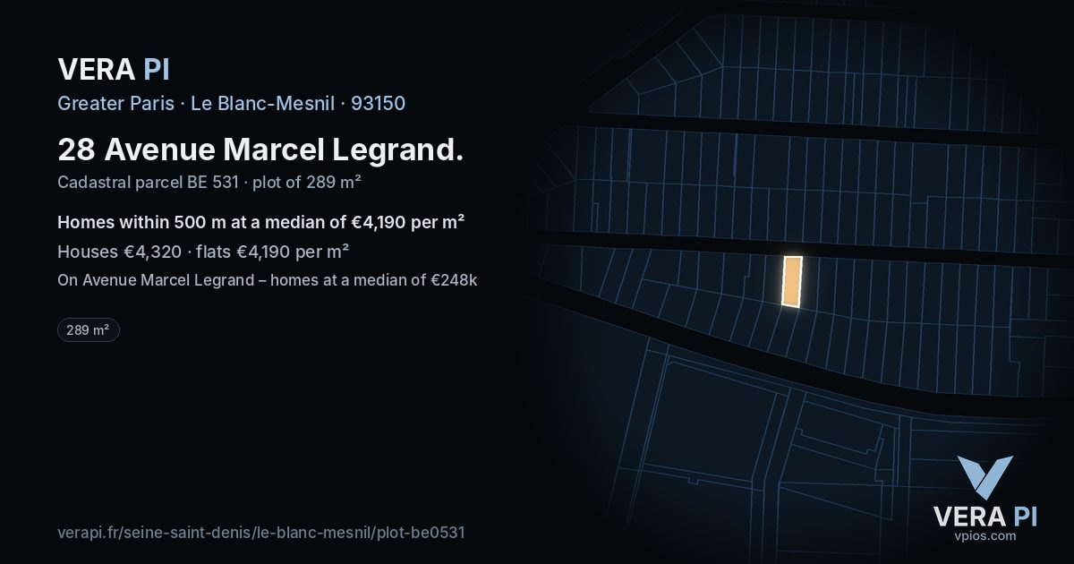 28 Avenue Marcel Legrand, Le Blanc-Mesnil at night – the plot lit, the parcels around coloured by the prices near them