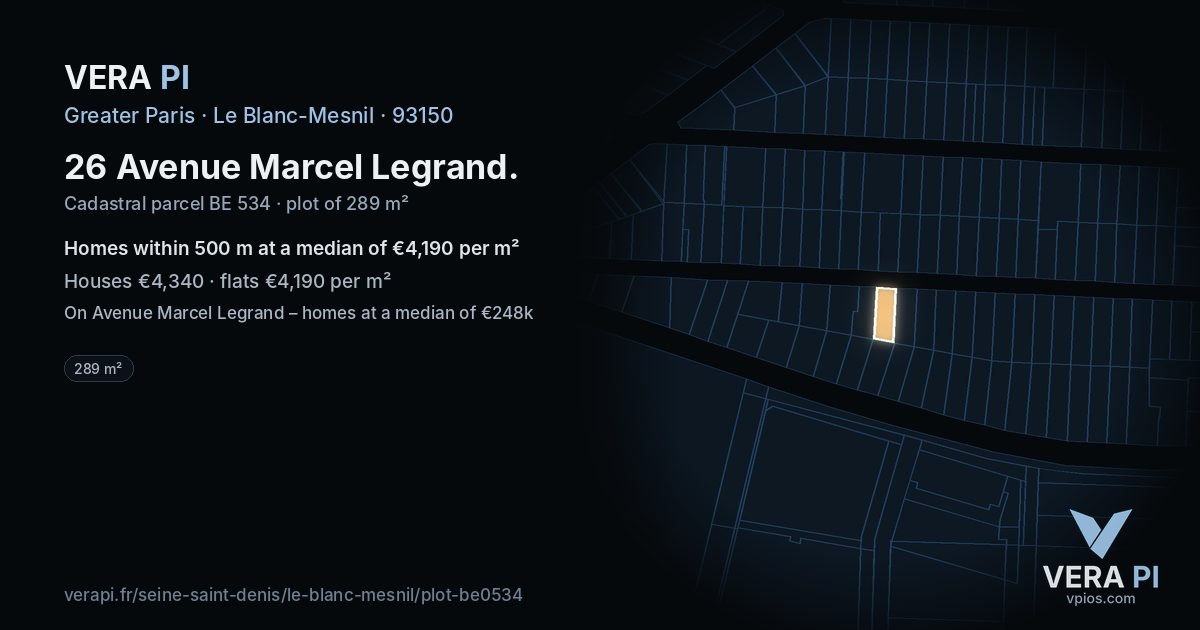 26 Avenue Marcel Legrand, Le Blanc-Mesnil at night – the plot lit, the parcels around coloured by the prices near them