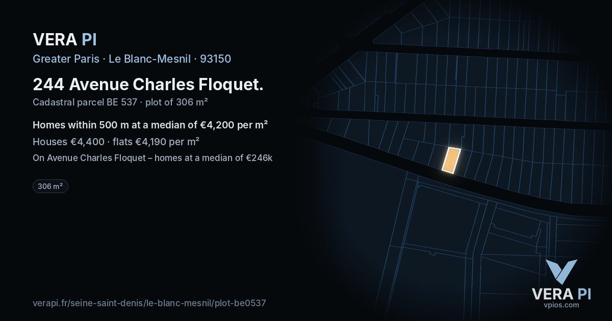 244 Avenue Charles Floquet, Le Blanc-Mesnil at night – the plot lit, the parcels around coloured by the prices near them