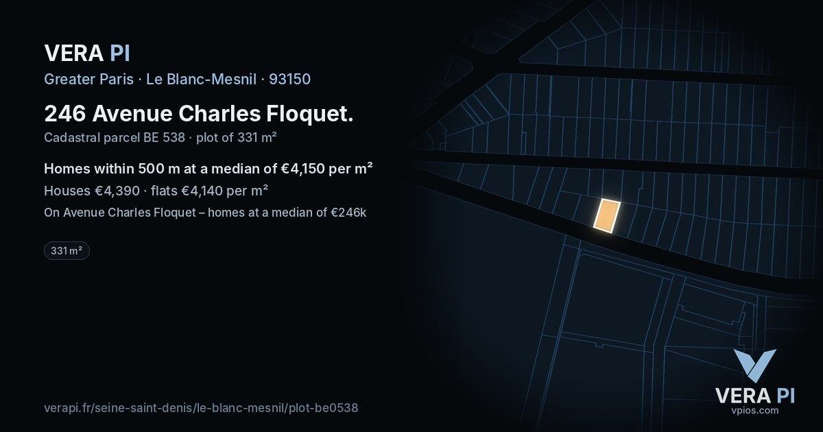 246 Avenue Charles Floquet, Le Blanc-Mesnil at night – the plot lit, the parcels around coloured by the prices near them
