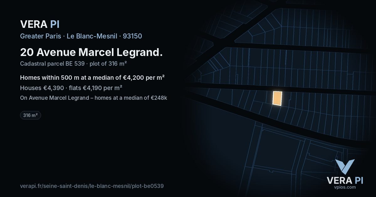 20 Avenue Marcel Legrand, Le Blanc-Mesnil at night – the plot lit, the parcels around coloured by the prices near them