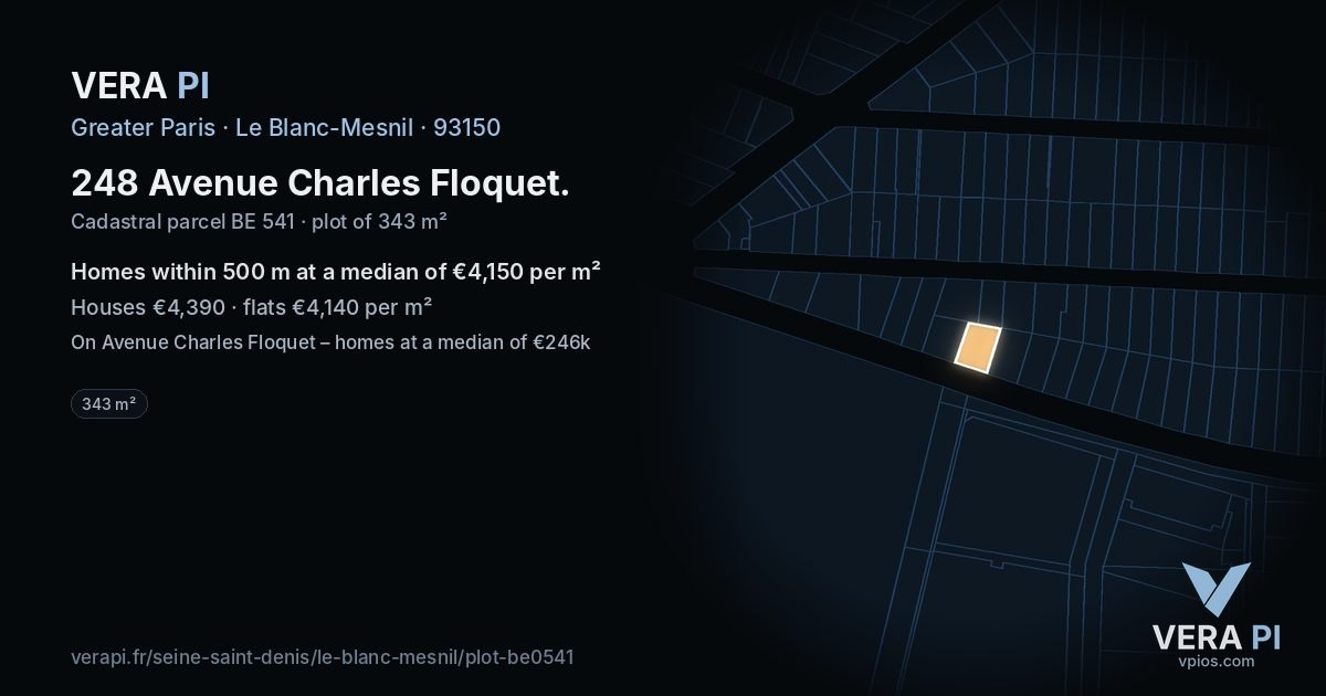 248 Avenue Charles Floquet, Le Blanc-Mesnil at night – the plot lit, the parcels around coloured by the prices near them