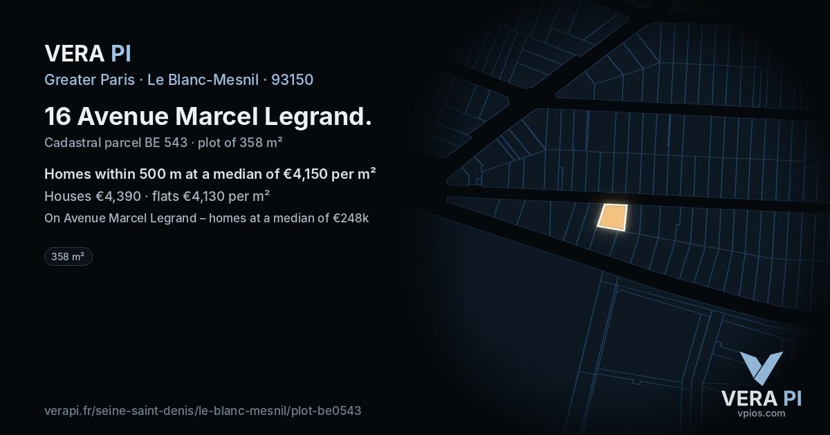 16 Avenue Marcel Legrand, Le Blanc-Mesnil at night – the plot lit, the parcels around coloured by the prices near them