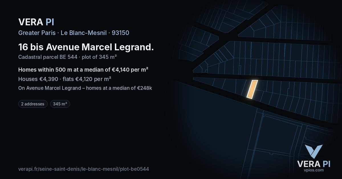 16 bis Avenue Marcel Legrand, Le Blanc-Mesnil at night – the plot lit, the parcels around coloured by the prices near them