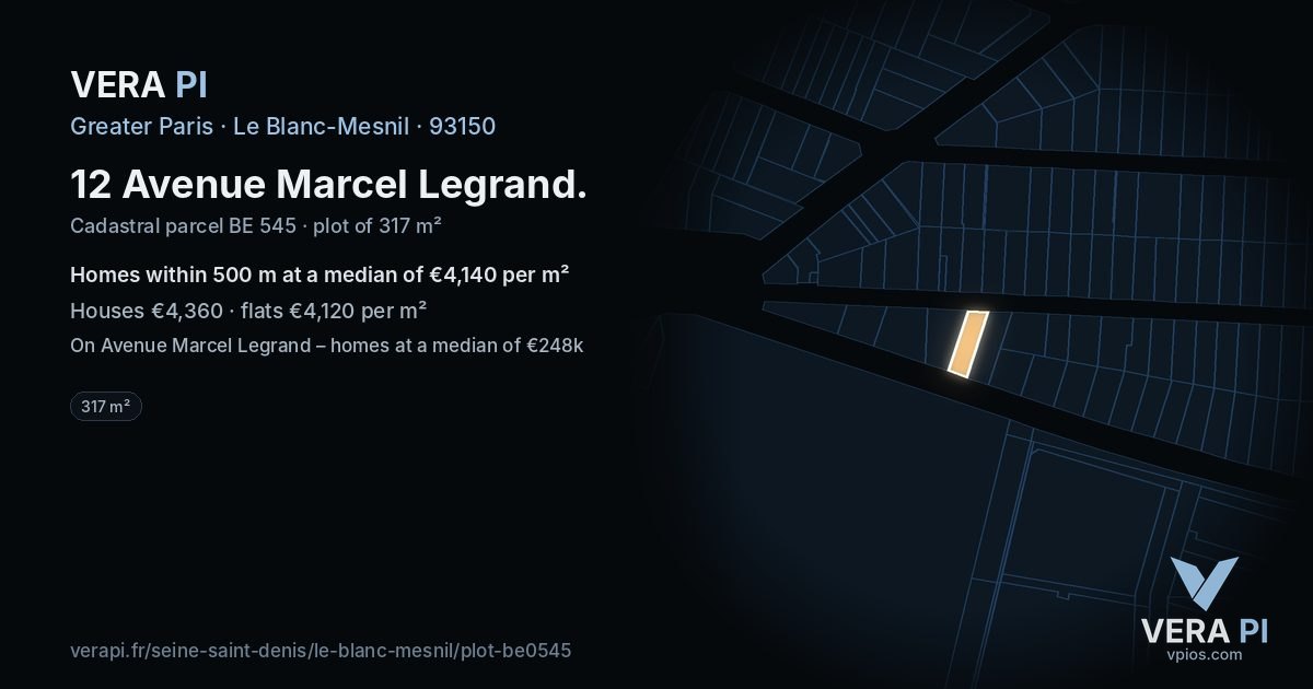 12 Avenue Marcel Legrand, Le Blanc-Mesnil at night – the plot lit, the parcels around coloured by the prices near them