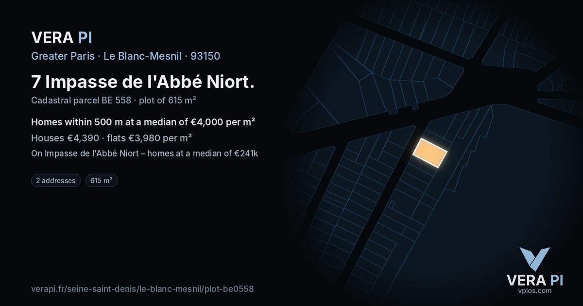 7 Impasse de l'Abbé Niort, Le Blanc-Mesnil at night – the plot lit, the parcels around coloured by the prices near them