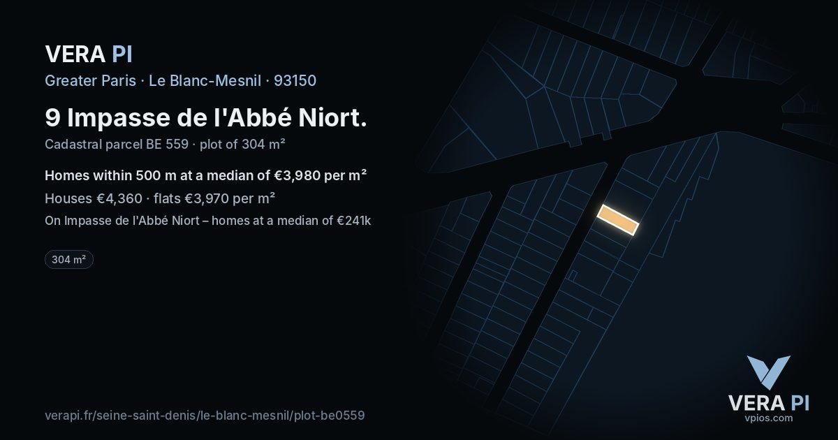 9 Impasse de l'Abbé Niort, Le Blanc-Mesnil at night – the plot lit, the parcels around coloured by the prices near them