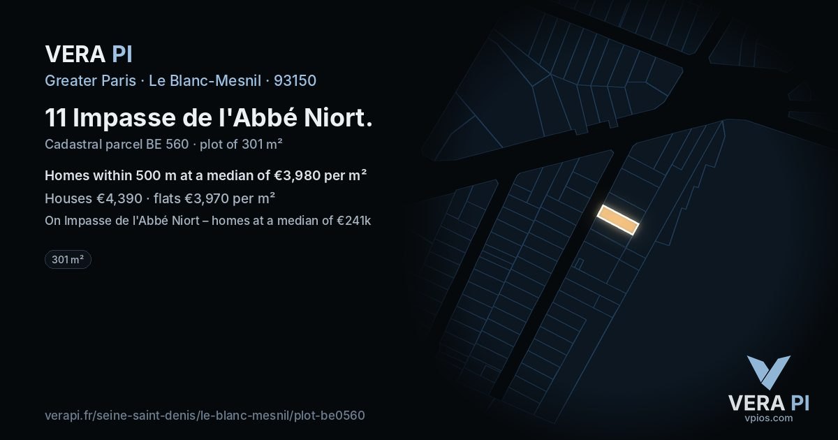 11 Impasse de l'Abbé Niort, Le Blanc-Mesnil at night – the plot lit, the parcels around coloured by the prices near them